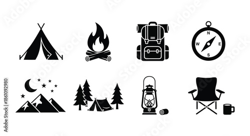 Camping essentials including a tent fire backpack and chair depicted in a dark silhouette