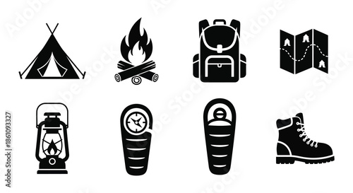Camping equipment icons representing outdoor adventure including a tent fire and hiking boots silhouette