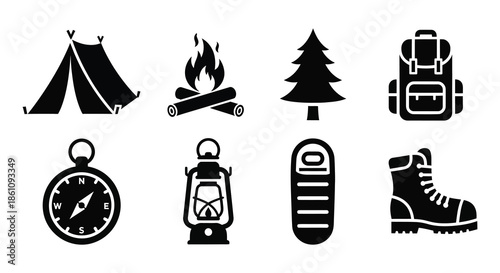 Camping essentials including tent campfire hiking boot and compass as a black silhouette