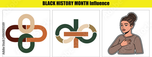 Three colorful abstract symbols and a woman holding her chest in celebration of Black