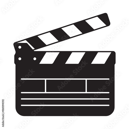 A black and white illustration of a classic film clapperboard symbolizing movie production and filmmaking