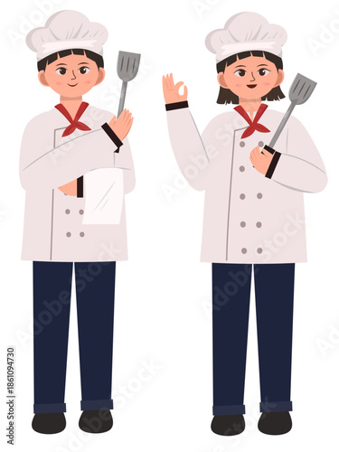 illustration of cute chef couple clipart wearing chef's clothes and posing holding a spatula full body
