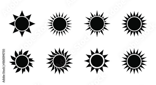 A collection of black sun icons with radiating rays presented in a striking silhouette