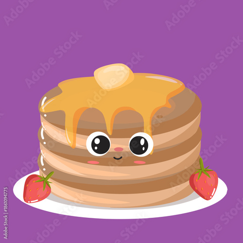 Illustration of cute fan cakes with butter melting and honey, topped with strawberries on a plate.