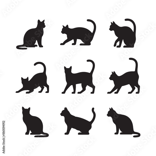 Nine black silhouettes of cats in various poses are displayed in a simple grid arrangement