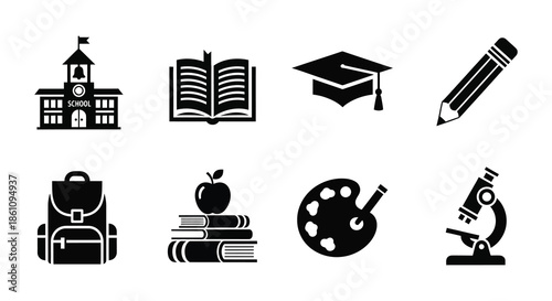 education icons representing school learning graduation art and science in black silhouette