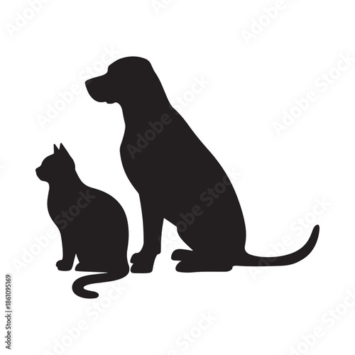 A simple black silhouette depicting a seated dog and a nearby curious cat a common pet pairing