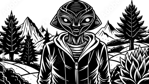 Very beautiful vector artwork of a humanized alien dressed in casual clothing, standing in a familiar human environment, symbolizing coexistence, curiosity, and peaceful interaction between worlds.