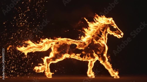 Dynamic Flaming Horse Galloping with Fiery Mane and Tail on Dark Background. Powerful Fire Animal with Sparks and Embers.