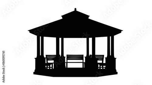 Silhouette of a classic octagonal gazebo with benches inside.