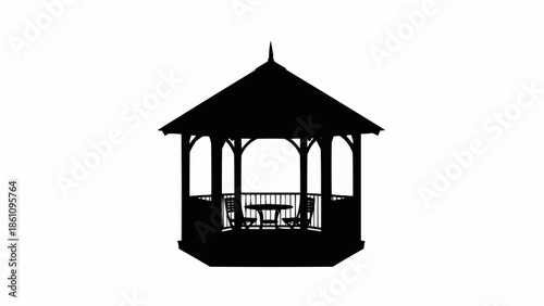 Silhouette of a classic octagonal gazebo with a table and chairs.