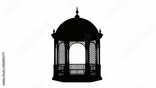 Silhouette of a classic ornate gazebo structure against a white background.