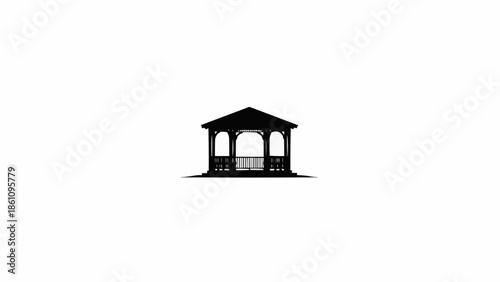 Silhouette of a classic wooden gazebo structure with a white background.