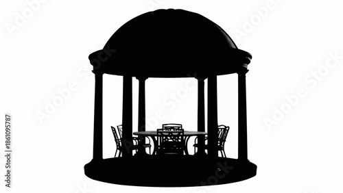 Silhouette of a classical gazebo with a table and chairs inside.