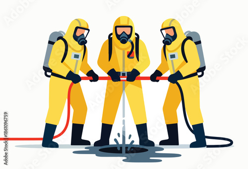 Hazmat workers in yellow suits and respirators operate a hose over a dark spill