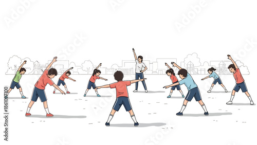 Children and a teacher performing warm-up exercises outdoors, fostering active lifestyles, health, and fitness through engaging group physical education