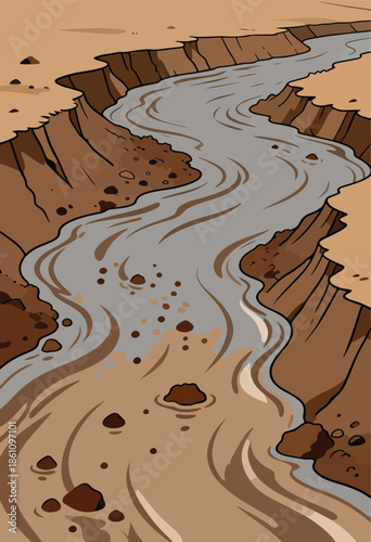 A stylized, cartoonish depiction of a winding river flowing through a canyon
