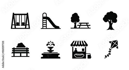 A collection of black playground elements and park features presented as a silhouette