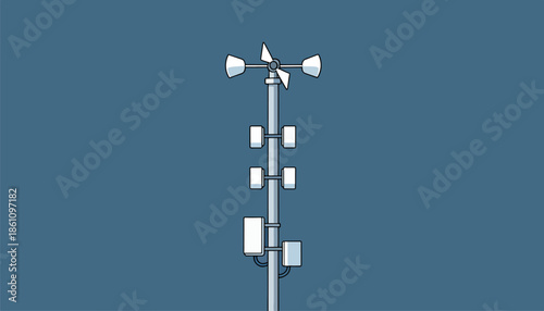 A stylized illustration of a weather station with a wind turbine and sensors