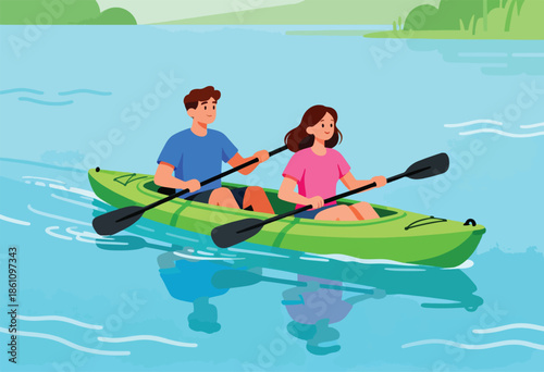 Young couple happily paddling a green kayak together on a calm blue lake, with greenery in background