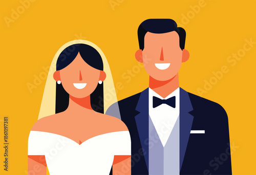 Joyful bride and groom smiling, dressed for a formal ceremony