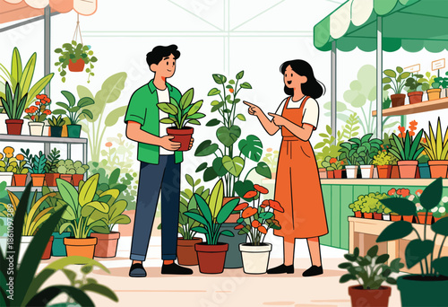 Two people in a bright greenhouse, surrounded by various potted plants and displays