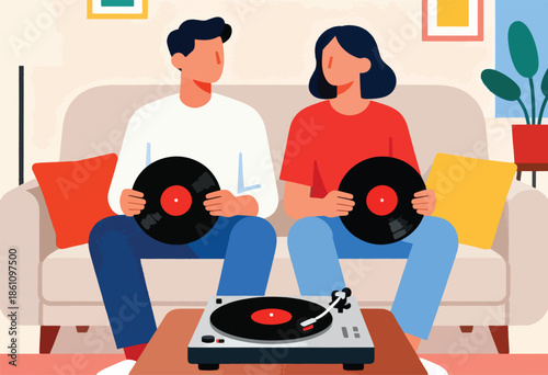 Couple enjoying vintage vinyl records and music on a turntable
