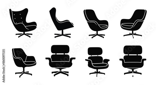 An assortment of modern chair designs displayed in a minimalist black silhouette