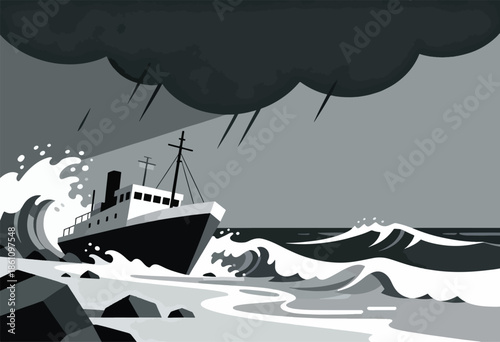 Ship struggling in stormy seas, crashing waves, dark clouds