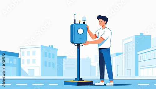 Man adjusting smart city device with urban buildings in background