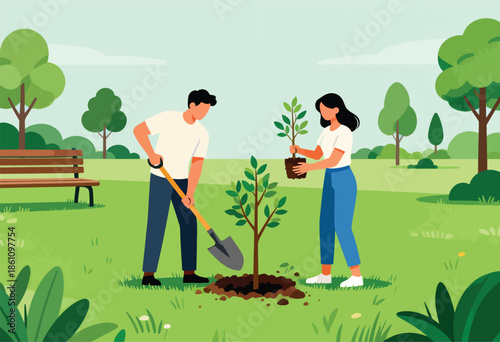 Man shovels soil while woman plants a sapling in a park
