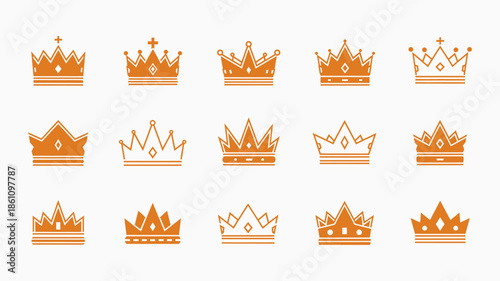 Set of Crown Icons Vector. Diverse collection of royal king and queen crown symbols in orange color for success, premium, award, and logo design.