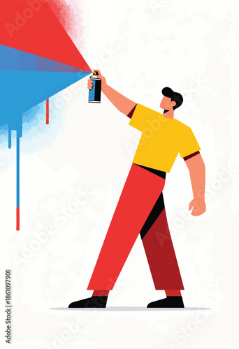 Person in yellow shirt and red pants spray painting blue and red colors