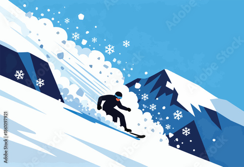 A lone skier plunges down a snowy mountain, kicking up powder