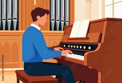 A person plays an organ in a brightly lit room