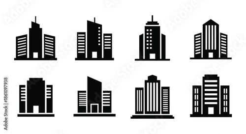 A collection of modern city buildings shown in stark black and white silhouette