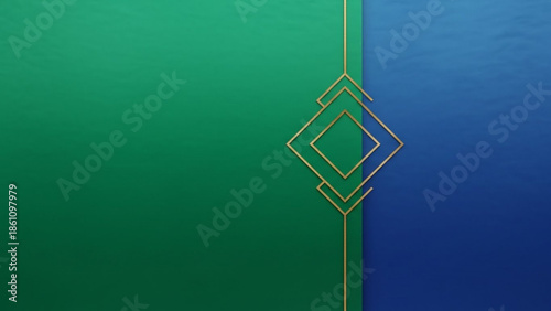 Modern abstract background combining green and blue panels with elegant golden rhomboids.
