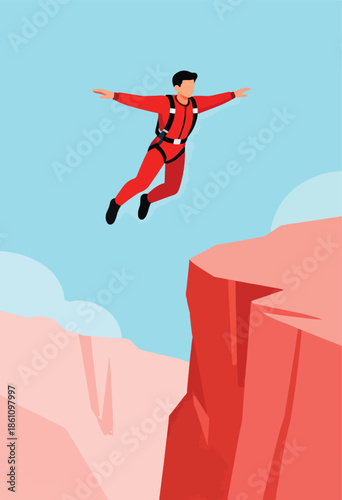 Man in red suit leaps from cliff into blue sky with scattered clouds