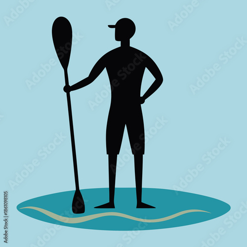 Paddle boarder standing with paddle in hand calm.