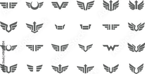 Wing icons and abstract emblems illustration set. Abstract wing symbols and badge icons set. logo collection isolated on black background.