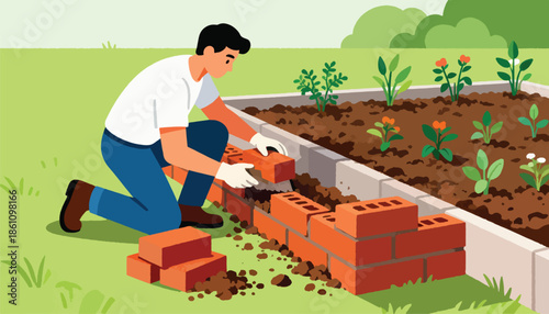 Person building a garden bed border with bricks among planted flowers and green grass