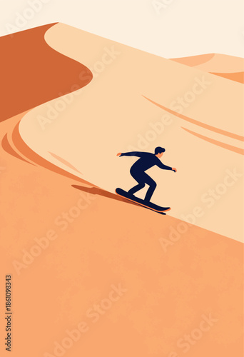 A lone figure surfs down a vast sand dune under a pale sky