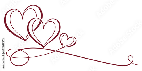 A minimalist line drawing in dark red on a white background. It features several interlocking and overlapping heart shapes of varying sizes clustered on the left, connected by a single flowing line.
