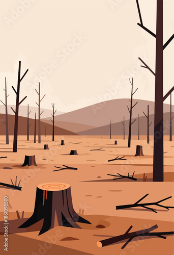 Barren landscape with numerous tree stumps and fallen branches under a hazy sky