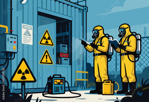 Two figures in yellow hazmat suits examine documents near a blue container with radiation symbols
