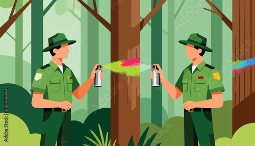 Two individuals in green uniforms spray colorful paint on tree trunks in a forest