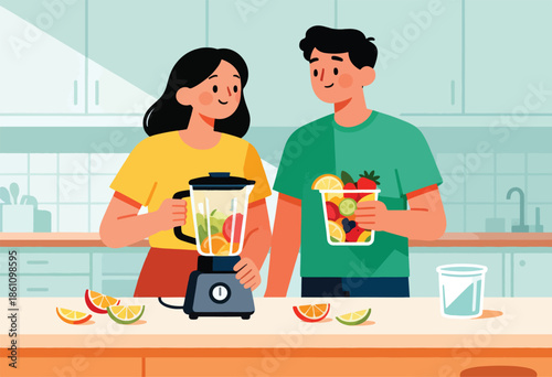 Couple making healthy fruit drinks in a modern kitchen