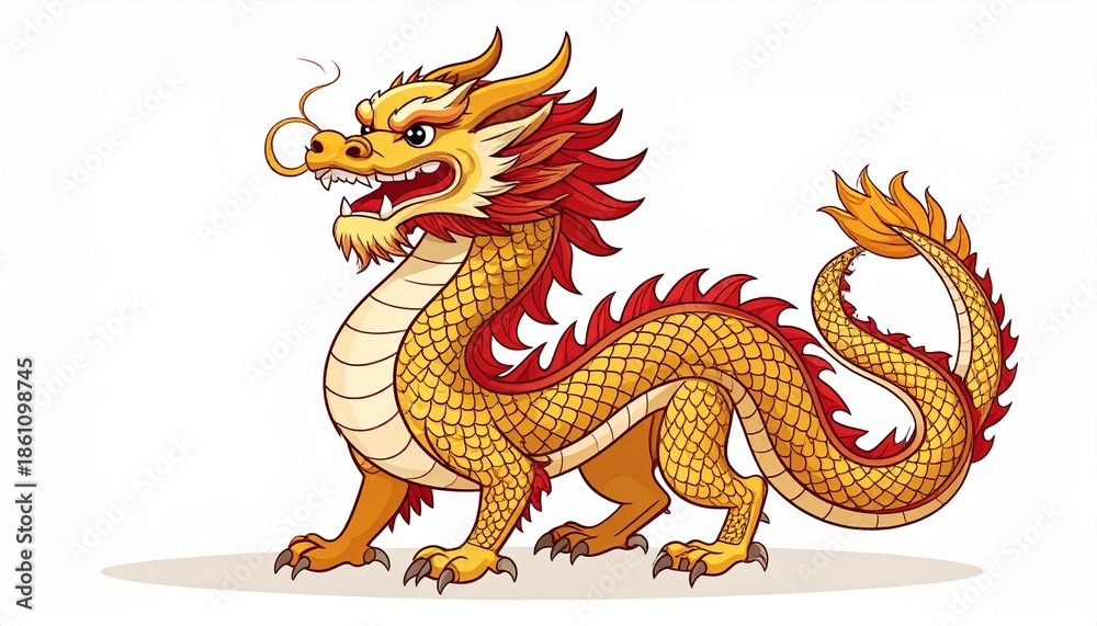 Naklejka premium Vector illustration of traditional Chinese Liong dragon, full body, bold outlines, flat colors, festive red and gold palette, clean composition, isolated on white background, scalable stock design.
