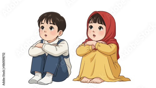 Two curious children sitting and looking up