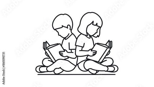 Two children sitting back to back reading books, symbolizing education and learning.